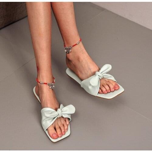 Women Slippers 2021 Summer Sexy Closed Toe Slippers Women Bow Fashion Square Toe Slippers Women Outdoor Beach Shoes Plus Size