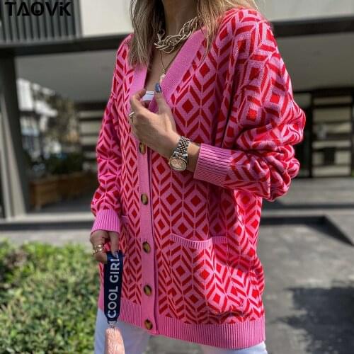 TAOVK Womens Knitted Sweater Diamond Pattern Single-breasted Buttons Loose Casual Knit Cardigan Sweater