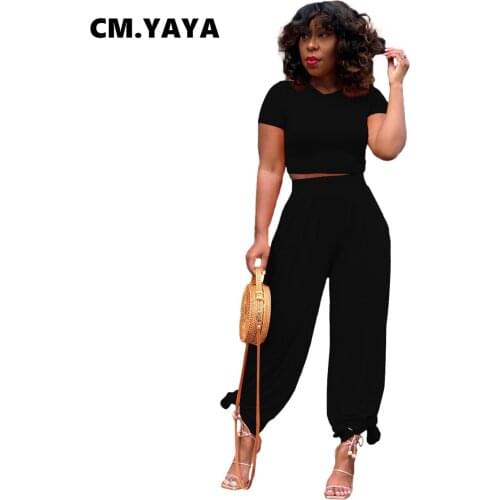 CM.YAYA Women Set Solid Short Sleeve Crop Tops Loose Flare Long Pants Two 2 Piece Sets Active Tracksuit Sweatsuit Outfit Summer