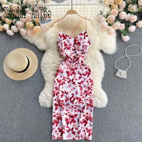 021 Women Summer Midi Party Dress V-Neck Spaghetti Strap Elegant Floral Dress Slim Holiday Vestidos