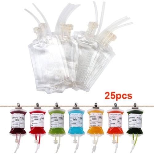 25pcs 380ml Mixed Transparent Clear Medical PVC Material Reusable Blood Energy Drink Bag Halloween Vampire Pouch Props