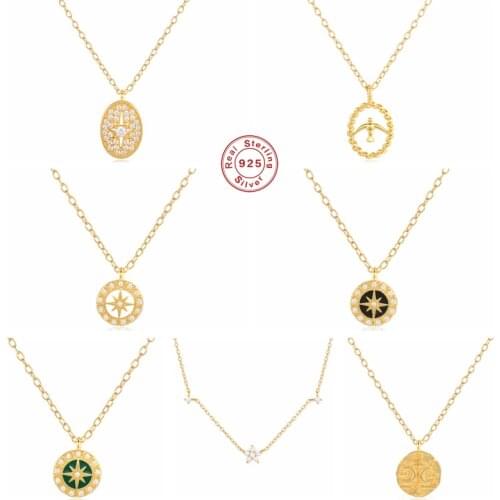 Aide 925 Sterling Silver Cubic Zirconia Jeweled Oval Pendant Necklaces For Women Luxury Star Moon Pattern Round Charm Choker