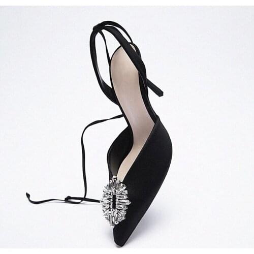 Beige Heeled Sandals Wedding Shoes 2021 Summer Black Girls Pointed Low Rhinestone High New Lace Up Comfort Slingbacks Lace-Up Ro