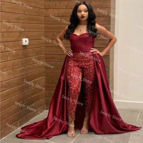 Burgundy Prom Jumpsuit Dresses For Black Girls 2021 Elegant Sequin Pant Suit African Formal Evening Dress With Overskirt Train