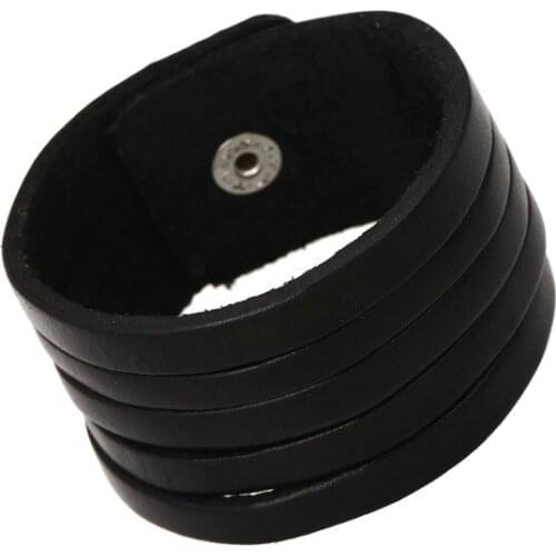 Boho Gypsy Hiphop Hippie Punk Black Real Leather Copper Buttons Closure Lock Layers Wide Big Wrap Bracelets Bangles for Man