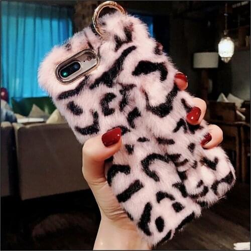 Dower Me Fashion Winter Warm Soft Sexy Leopard Fluffy Fur Hand Strap Wrist Band Case Cover For iPhone XS Max XR X 8 7 6 6S Plus