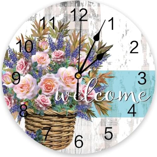 Welcome Wood Grain Rose Flower Retro Print Wall Clock Wall Art Silent Non ticking Round Wall Watch for Home Decortaion Best Gift