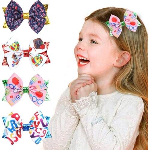 Double Layer Glitter Bow Hair Clips for Girls Printed Back To School Hair Accessories Dance Party Bows Hair Barrettes for Kids