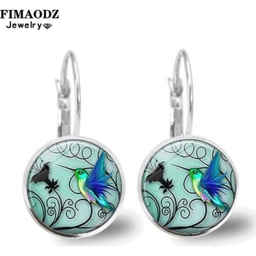 FIMAODZ Blue Hummingbird Earrings Brid Animal Art Photo Glass Cabochon Dangle Earring Fashion Jewelry