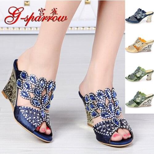 G-SPARROW Summer Diamond Ladies Most Comfortable High Heeled Shoes Gold Womens Slippers Thick Heels Sandals Cause
