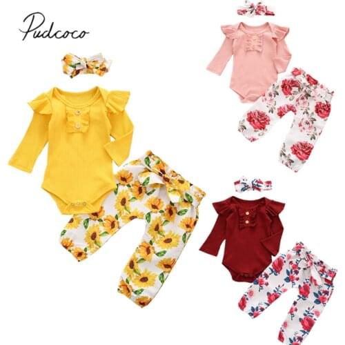 Newborn Baby Girls 3-piece Outfit Set Long Sleeve Ribbed Romper+Floral Print Pants+Headband Set