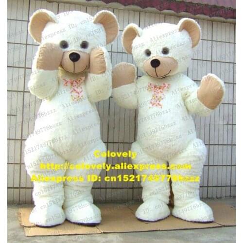 Shy White Teddy Bear Mascot Costume Adult Size With Big Round White Brown Ears Bright Clear Black Round Small Eyes No.6127 FS
