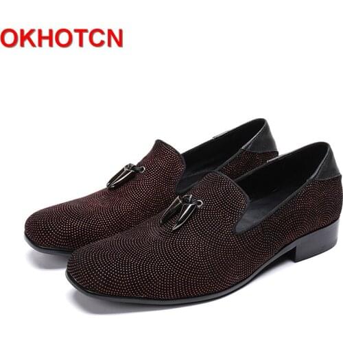 Red Rhinestone Korean Loafers Men Casual Business Dress Shoes Slip On Paprika Men Loafers Moccasins Crystal Real Leather Shoes