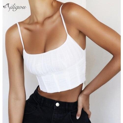 Ailigou Sexy 2021 Summer Womens Vest Fashion Ladies Sleeveless Strapless Pleated Slim Short Top Camisole Ladies Vest