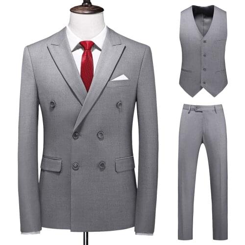 Three Pieces Mens Suit Double Breasted Solid Business Formal Wedding Classical Clothing Dress Slim Fit Tuxedo Vest Pants