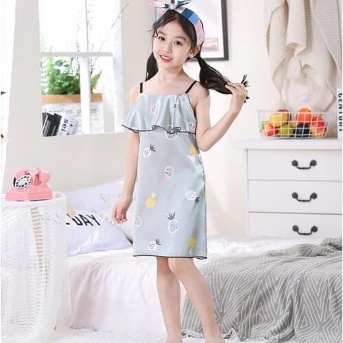 Kids Summer Girls Sling Dress Nightgowns litchi pattern Silk Satin Soft Nightdress Sleepwear Pajamas Nightwear Homewear 3-14y