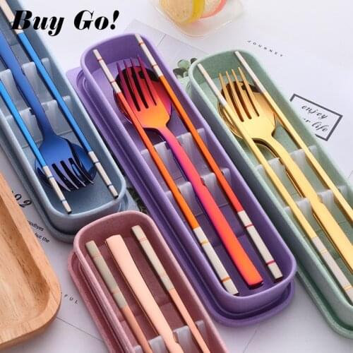 4PCS/Set 18/8 Stainless Steel Chopsticks Spoon Fork Set Portable Dinnerware Set With Box Travel Cutlery Set Children Tableware