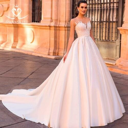 Appliques Beaded Wedding Dress 2021 Sweetheart Sleeveless Satin A-Line Bride Gown Customized SwanSarah F207 Vestido De Noiva