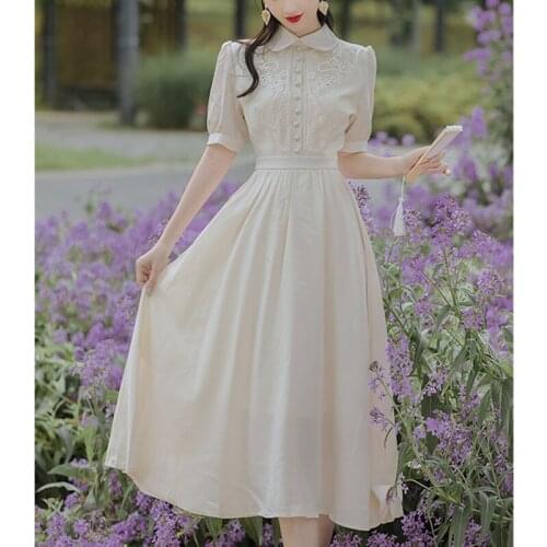 Summer French Retro Dress Temperament Lapel Chic Bowknot Hollow Ladies Puff Sleeve Gentle Elegant Dress Female