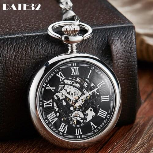 Roman Numeral Luxury Mechanical Pocket Watch Smooth Sliver Skeleton Dial Classic Male Fob Chain Clock for Men Women Dropshipping