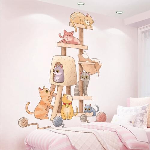 [shijuekongjian] Cats Animals Wall Stickers DIY Cartoon Wooden Shelf Wall Decals for Kids Room Baby Bedroom House Decoration