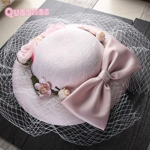 Fashion Pink Wedding Hats And Fascinators For Bride 30CM Big Cute Style Floral Lace Veil Bowler Hat Women Banquet Party Headwear