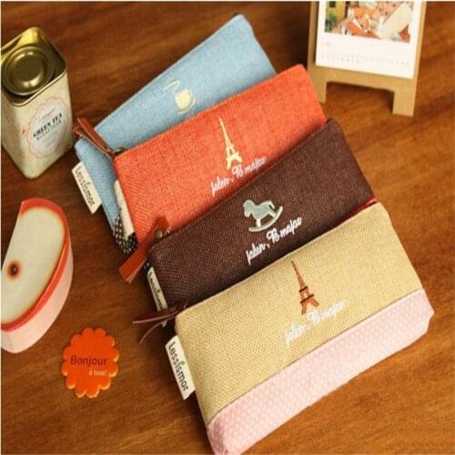 2pc Cute Fabric Linen Paris Pencil Case Kawaii Cartoon Pink Trojan Pencil Bag for Girls School Stationery Free shipping