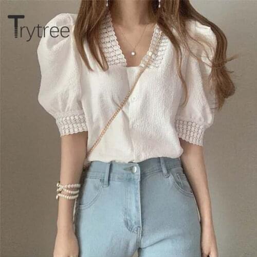 Trytree 2020 Summer Women Casual Blouse V-neck Button Lace 2 Color Puff Sleeve Single Breasted Fashion All-Purpose Style Blouse