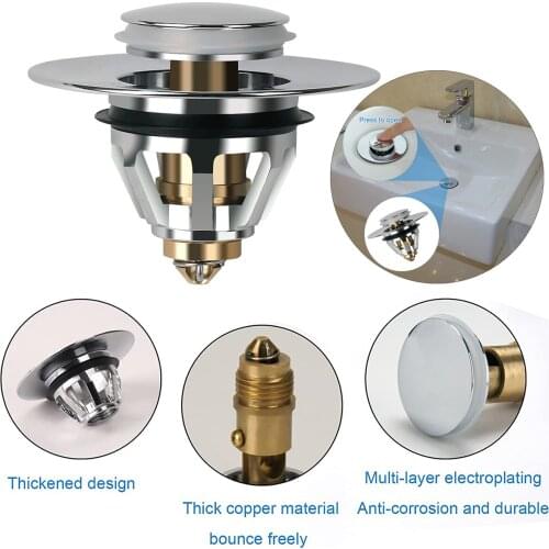 Universal Basin up Drain Filter Stainless Steel Bullet Bounce Core Push Type Tub Sink Plug No Overflow Deodorant