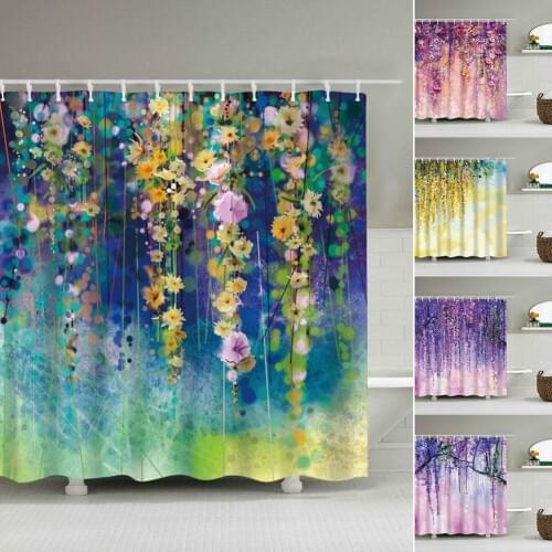 Waterproof Bathroom Hook Shower Curtain Watercolor Dyeing Hanging Vine Bathroom Cloth Divider Drape Window Curtain Home Decor