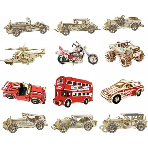High quality wooden 3d puzzle antique car boy educational toy childrens hand-assembled model car double decker bus