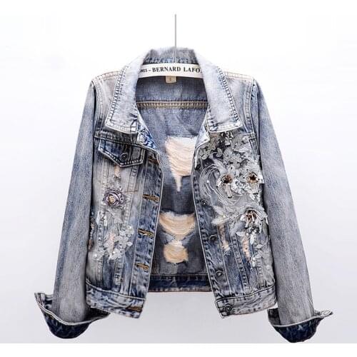 Autumn Fashion Beading Flowers Denim Jacket Coat Women Chaquetas Mujer Korean Wash Blue Outerwear Slim Short Jeans Jacket Female
