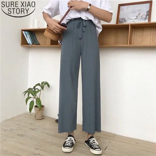 2021 Spring Summer High Waist Pants Women Korean Style Loose Casual Ankle-length Pants New Elastic Waist Straight Trousers 9953