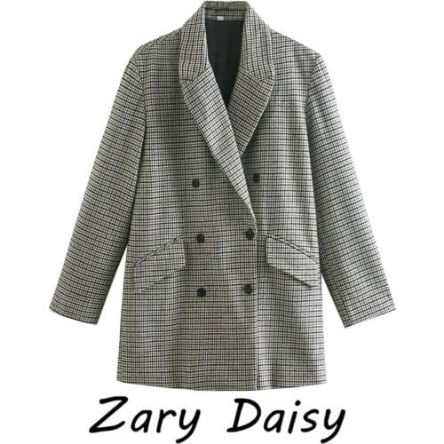 Zary Daisys new womens fashion temperament design double-breasted woolen plaid blazer
