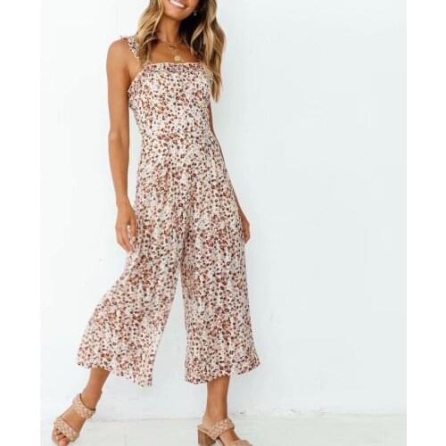 Women Summer Vintage Floral Print Loose Jumpsuit Female Elegant Spaghetti Strap Sleeveless Wide Legs Chic Holiday Ladies Clothes