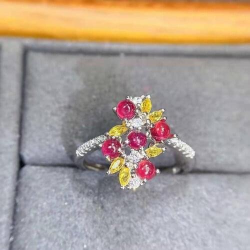 Natural New Burning Ruby Flower Ring Real 925 Sterling Silver Fine Fashion Charming Wedding Jewelry for Women MeibaPJFS
