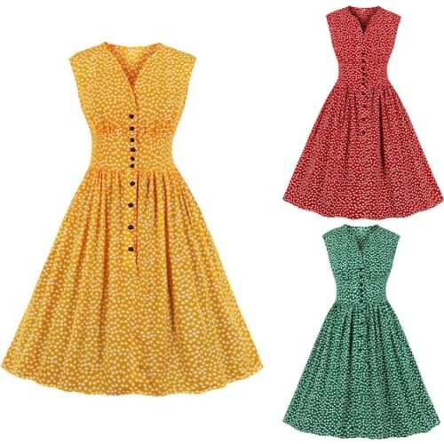 Vintage Polka Dot Women Midi Dress Sleeveless Hepburn French Vestidos De Mujer Casual Pinup High Waist Swing Pleated Dresses
