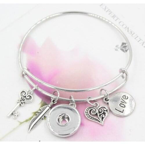 1PC DIY Interchangeable Snap Jewelry Love Heart Feather Charm Bracelet Adjustable Bangle Bracelets for women gift pulsera
