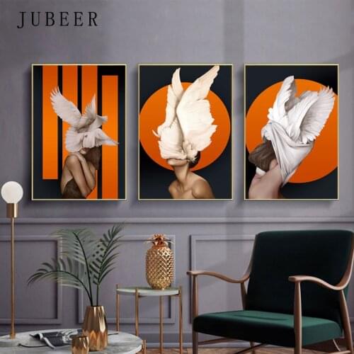 Abstract Canvas Painting Fashion Girl Feather Wall Art Posters on The Wall for Living Room Decor Decorative Picture Wal Art