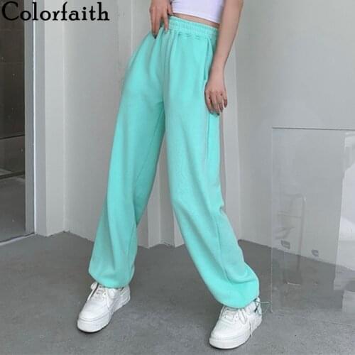 Colorfaith New 2021 Womens Summer Autumn Pants High Waist Pockets Wide Leg Straight Sweatpants Lady Ankle-Length Trousers P9010