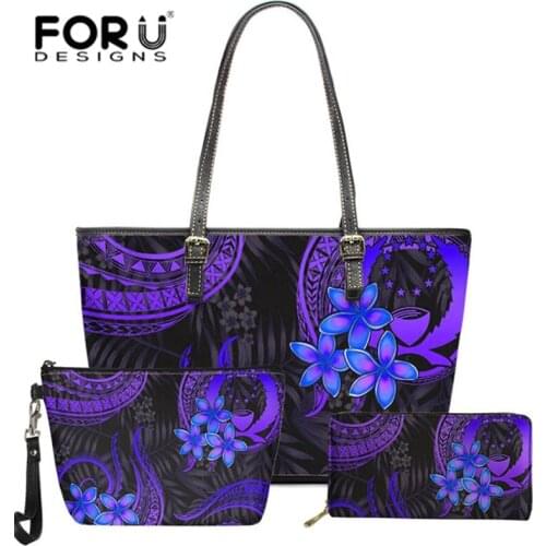 Purple Pohnpei Tribal Print Handbag Purse Set for Women Latest Shoulder Bag Custom Female Ladies Leather Travel Organizer Pouch