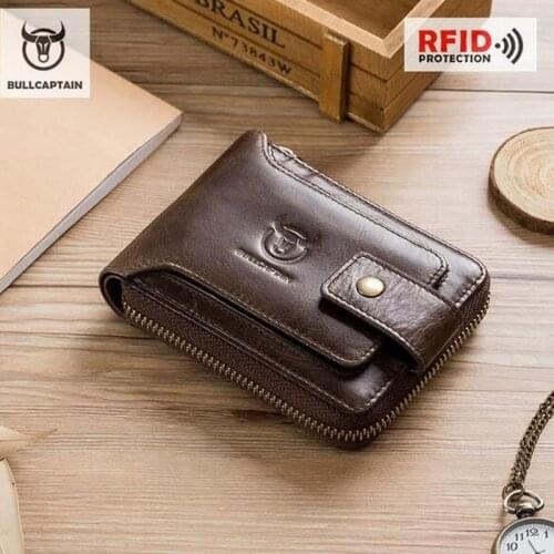 BULLCAPTAIN Brand Men RFID Wallet Male Organizer Coin Purse Pockets Genuine Leather Retro Zipper Clamp Wallet Card Holder