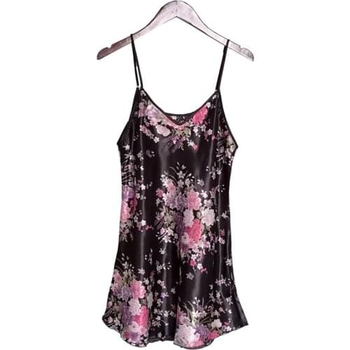 Summer Womens Nightdress Sleeveless Daffodils Print Sleep Dress Satin Silk Sexy Sleepwear
