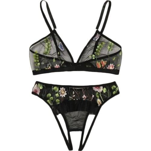 New Bra Set Intimate Womens Lingerie Transparent Bralette+Open Crotch Thong Embroidered Underwear Set Sexy Mesh Lingerie