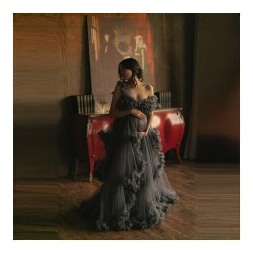 Dark Grey Puffy Tulle Pregnancy Dresses Cao Sleeves V Neck Teired With Flares Women Photoshoot Maternity Gowns Plus Size
