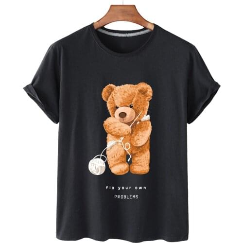 Knitting Yarn Cute Bear Print Cotton Short-sleeved O-neck Loose Casual Top T-shirt Ladies Oversized T-shirt Men And Women S-3XL