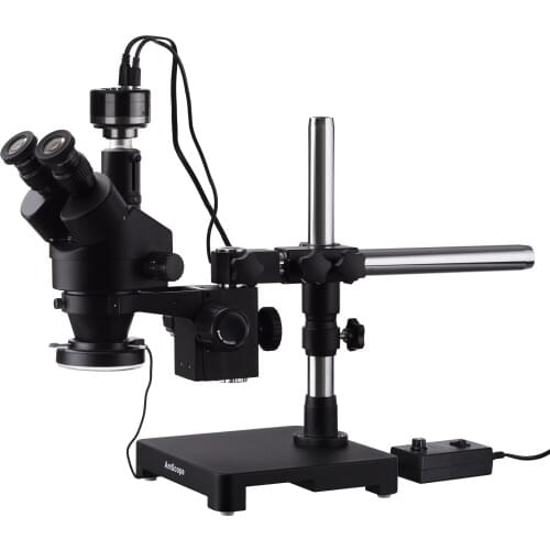 7X-45X Black Trinocular Stereo Zoom Microscope on Single Arm Boom Stand + 144 LED Ring-light with HD Camera with Built-in Record