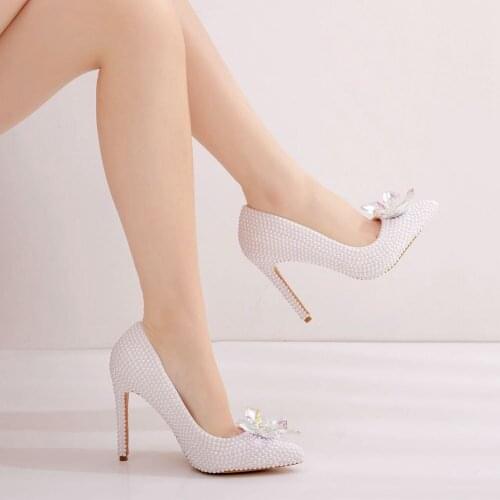 Wedding Shoes Bridal Pumps Female White Pearl Drill Rhinestone Crystal Pointed Fashion High Heels