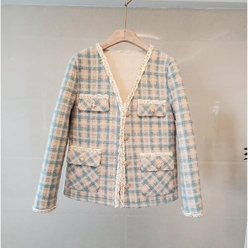 V-Neck Plaid Tweed Jackets Gold Line Buttons Wool Coats Autumn Winter Outwear Vintage Korea Elegant Long Sleeve Office Lady B591