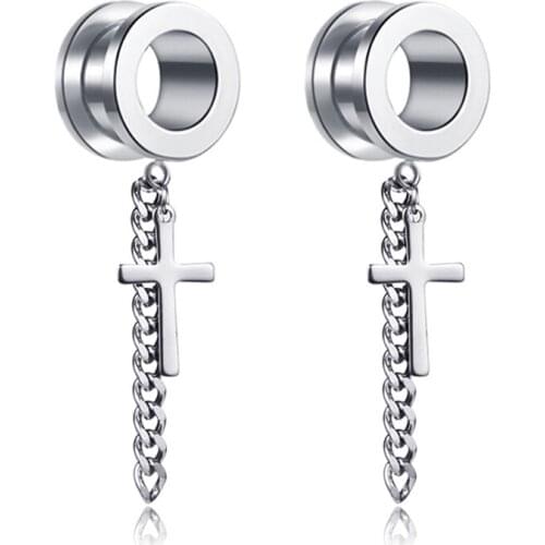 Cross Skull Chain Pendant Earrings Ear Plugs Gauges Earring Women Men Ear Plug Flesh Tunnel Piercing Ear Rings Expander Jewelry